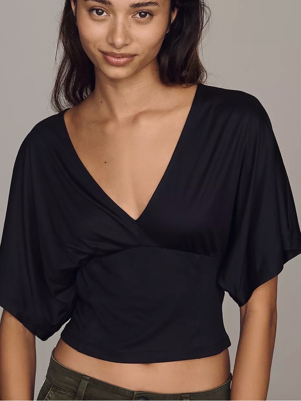 Anthropologie  Black V-Neck Cropped Dolman Sleeve Top